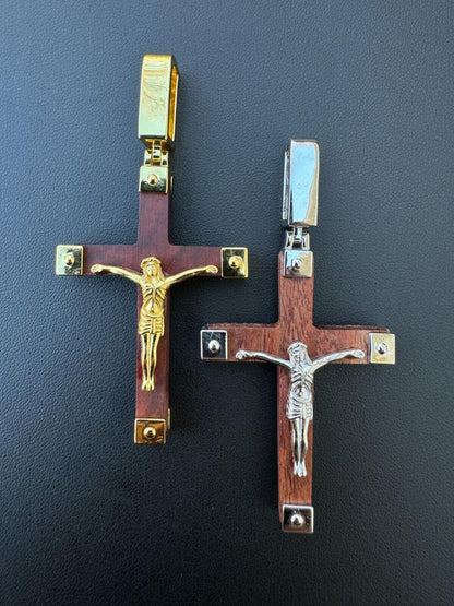 HarlemBling Plain Real 925 Silver & Natural Wood Jesus Cross Pendant Necklace ITALY Handmade