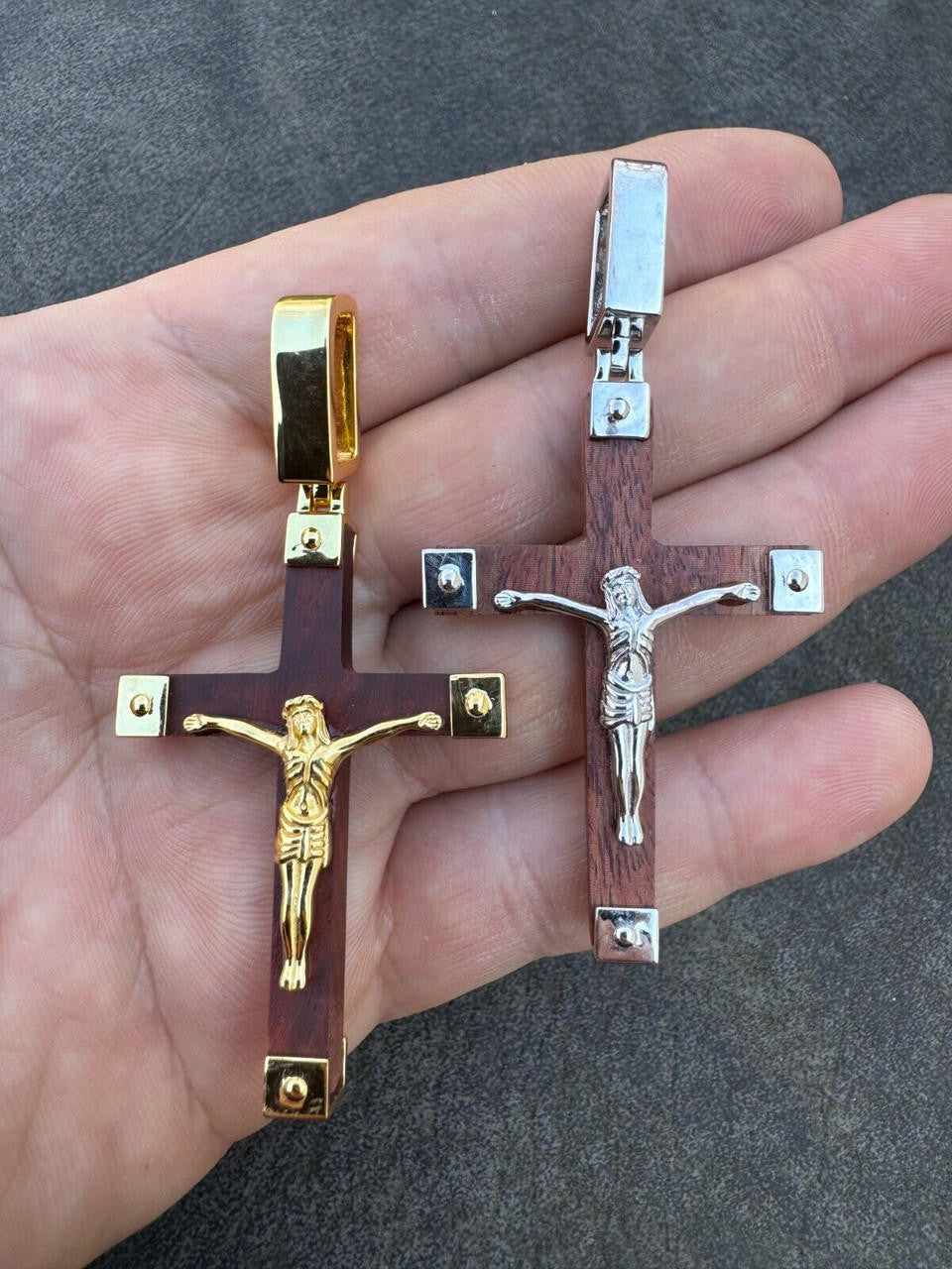 HarlemBling Plain Real 925 Silver & Natural Wood Jesus Cross Pendant Necklace ITALY Handmade