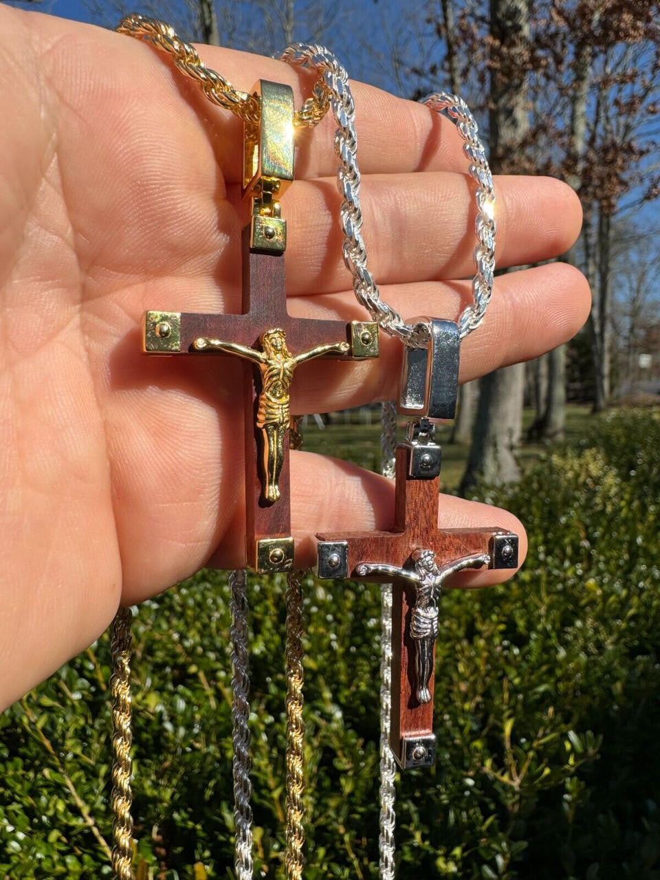 HarlemBling Plain Real 925 Silver & Natural Wood Jesus Cross Pendant Necklace ITALY Handmade