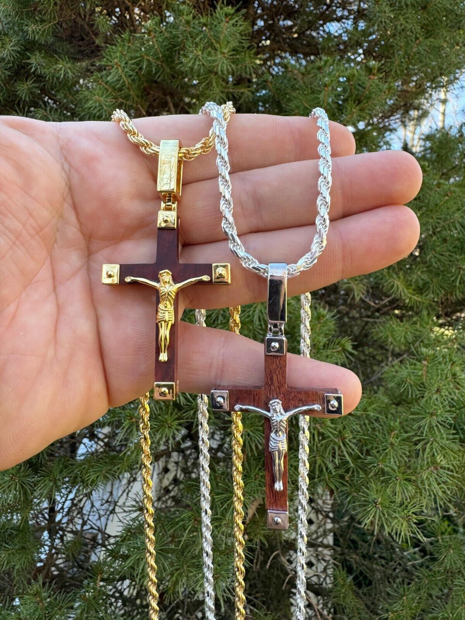 HarlemBling Plain Real 925 Silver & Natural Wood Jesus Cross Pendant Necklace ITALY Handmade