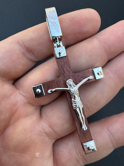 HarlemBling Plain Real 925 Silver & Natural Wood Jesus Cross Pendant Necklace ITALY Handmade