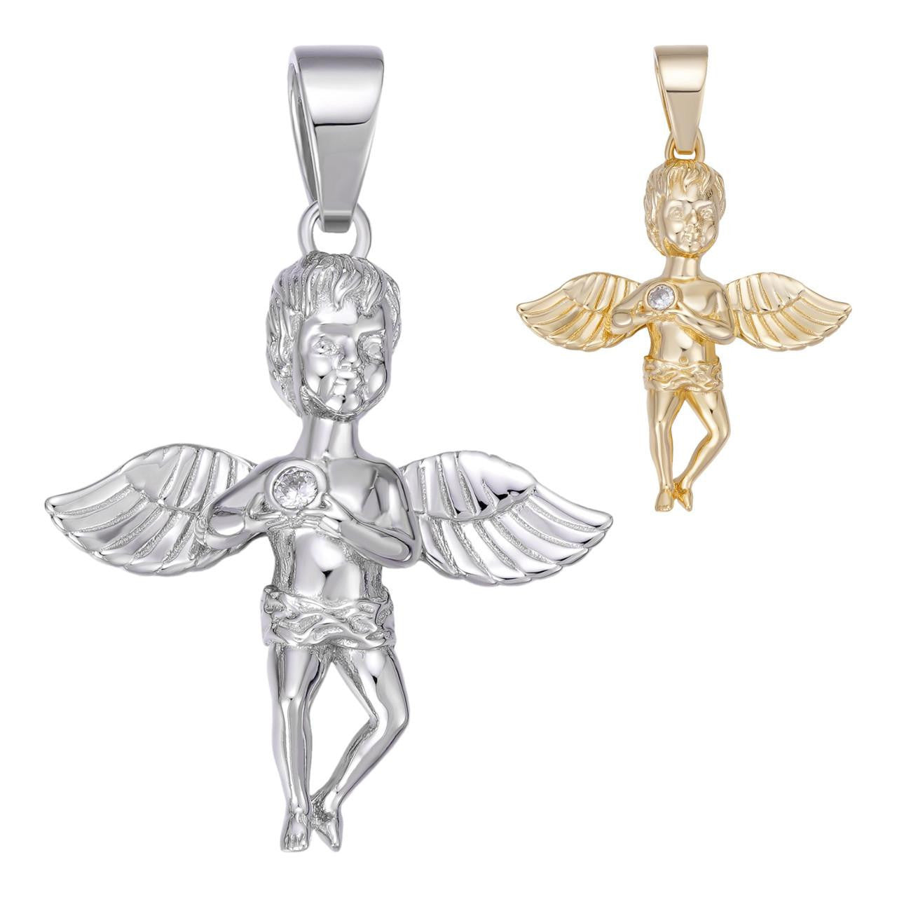 HarlemBling Praying Cherub W. Wings Mini Angel Pendant - 14k Gold Vermeil Or 925 Silver - CZ Stones - Small 1.5"