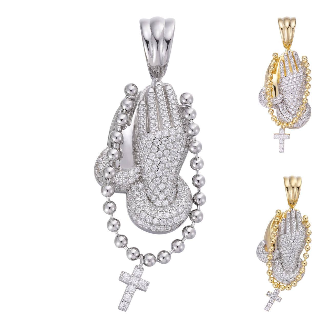 HarlemBling Praying Folded Hands W. Cross Pendant - 14k Gold Vermeil Or 925 Silver - CZ Stones - Medium 1.75"