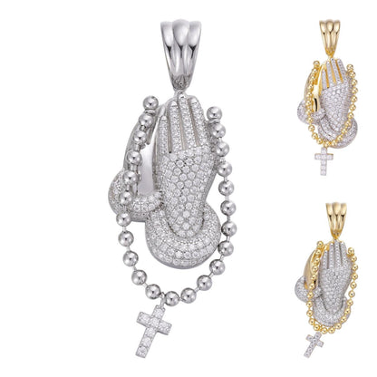 HarlemBling Praying Folded Hands W. Cross Pendant - 14k Gold Vermeil Or 925 Silver - CZ Stones - Medium 1.75"