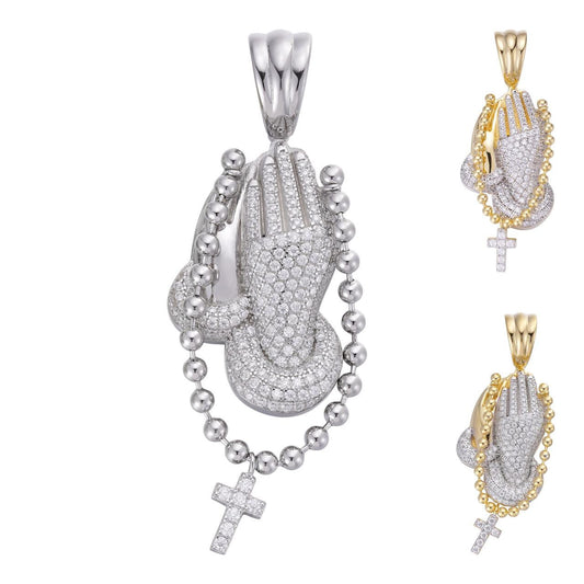 HarlemBling Praying Folded Hands W. Cross Pendant - 14k Gold Vermeil Or 925 Silver - CZ Stones - Medium 1.75"