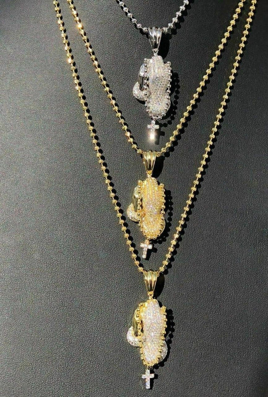 HarlemBling Praying Folded Hands W Cross Solid 925 Sterling Silver Pendant man made Diamond ICY