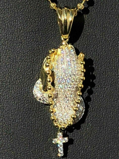 HarlemBling Praying Folded Hands W Cross Solid 925 Sterling Silver Pendant man made Diamond ICY