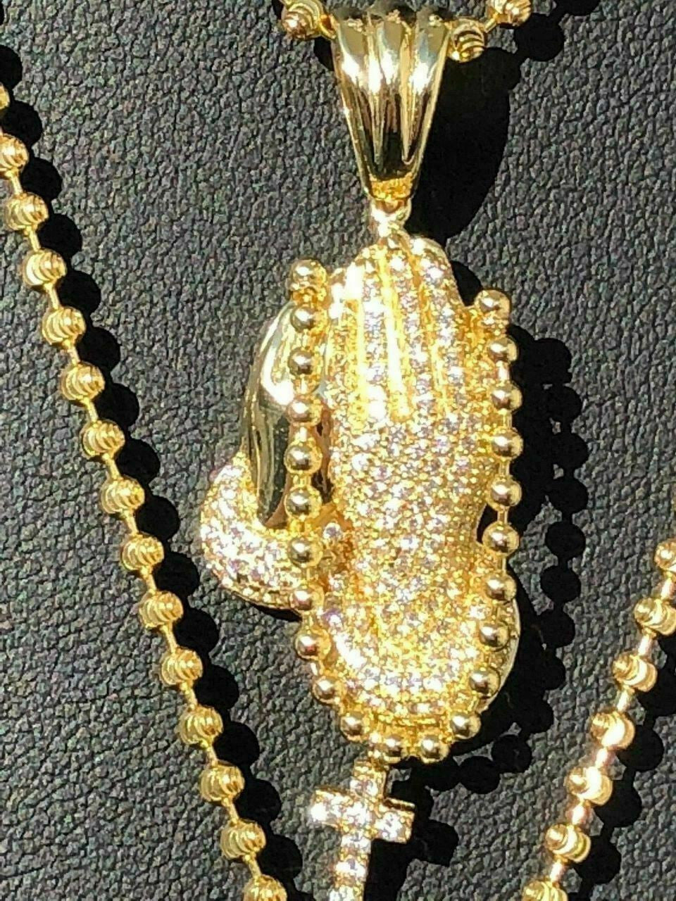 HarlemBling Praying Folded Hands W Cross Solid 925 Sterling Silver Pendant man made Diamond ICY