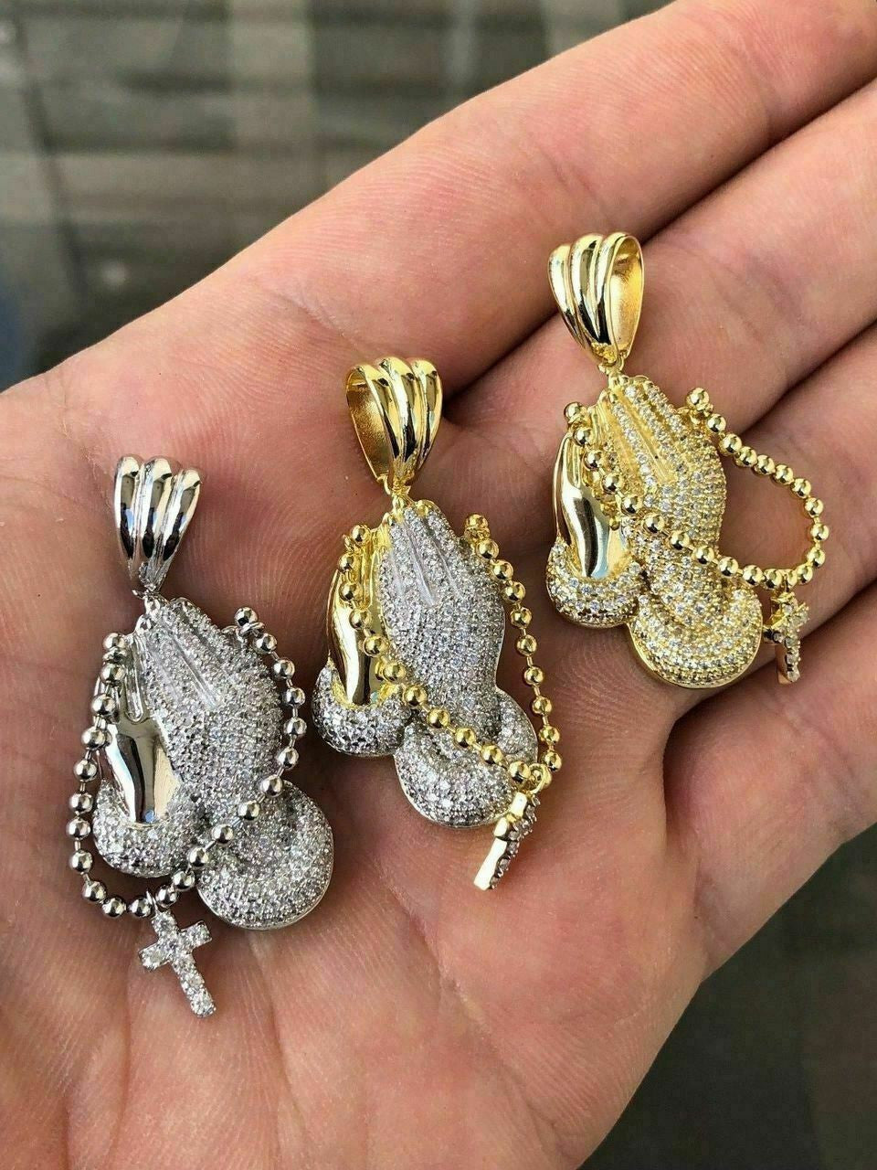 HarlemBling Praying Folded Hands W Cross Solid 925 Sterling Silver Pendant man made Diamond ICY