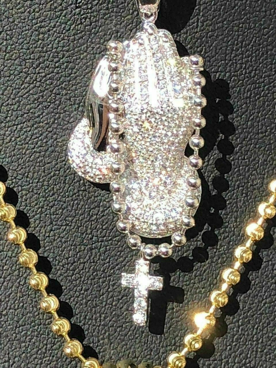 HarlemBling Praying Folded Hands W Cross Solid 925 Sterling Silver Pendant man made Diamond ICY