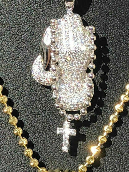 HarlemBling Praying Folded Hands W Cross Solid 925 Sterling Silver Pendant man made Diamond ICY
