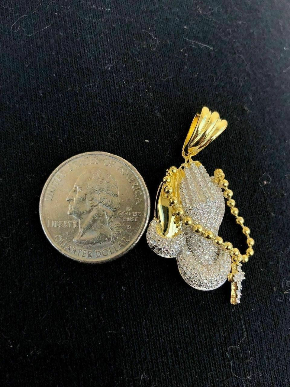 HarlemBling Praying Folded Hands W Cross Solid 925 Sterling Silver Pendant man made Diamond ICY