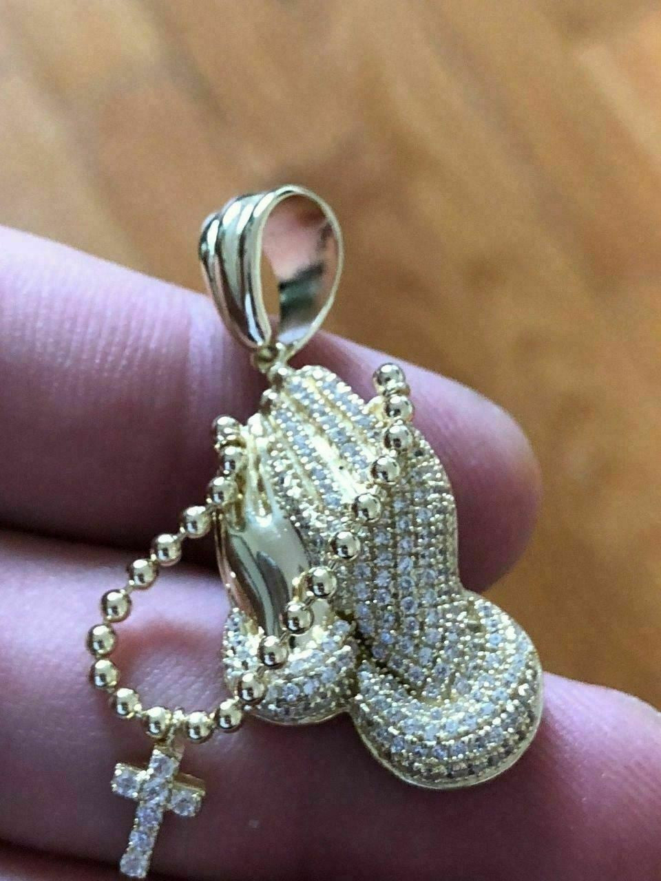 HarlemBling Praying Folded Hands W Cross Solid 925 Sterling Silver Pendant man made Diamond ICY