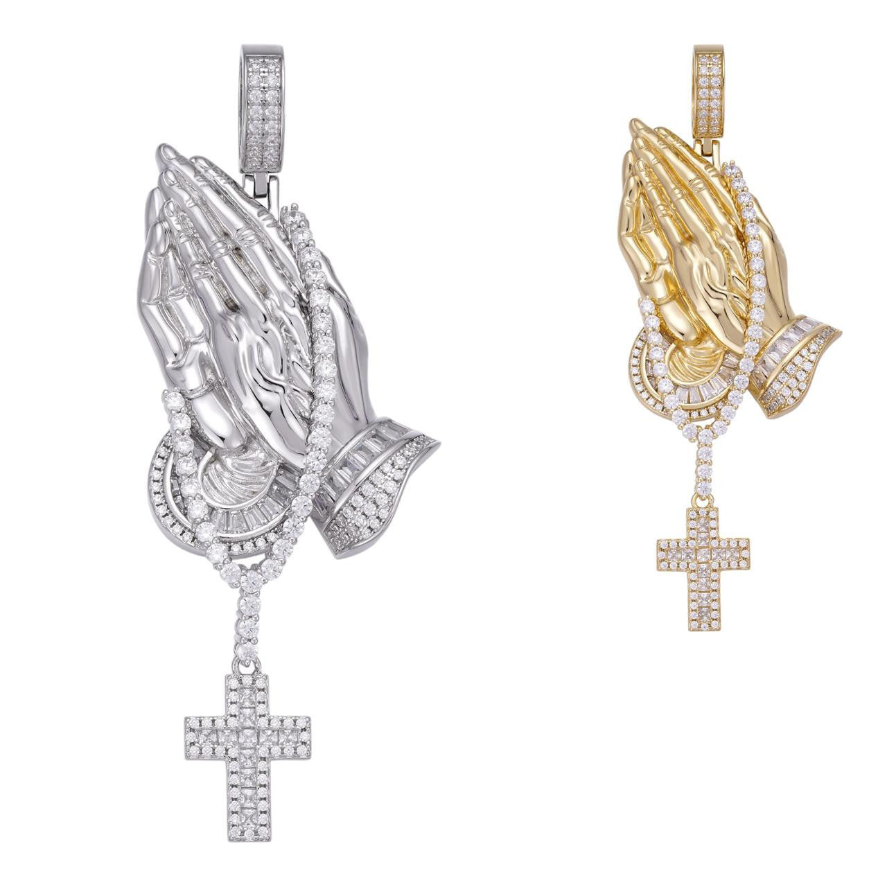 HarlemBling Praying Hands Cross Hip Hop Pendant - 14k Gold Vermeil Or 925 Silver - CZ Stones - Large 3.5"