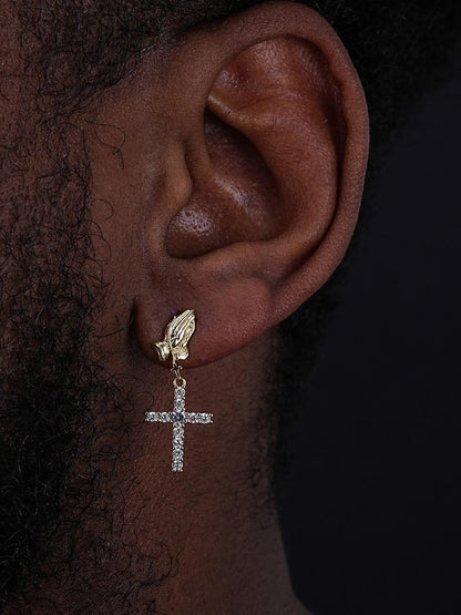 HarlemBling Praying Hands Dangling Cross Iced Out Earrings - 14k Gold Vermeil 925 Silver - CZ Stones