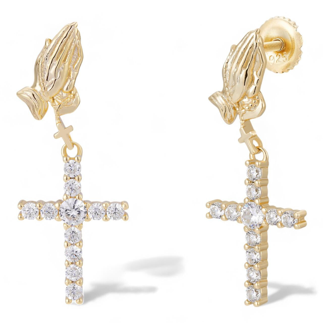 HarlemBling Praying Hands Dangling Cross Iced Out Earrings - 14k Gold Vermeil 925 Silver - CZ Stones