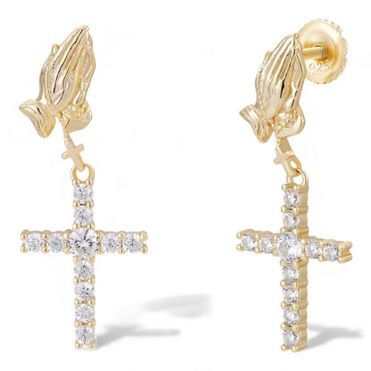 HarlemBling Praying Hands Dangling Cross Iced Out Earrings - 14k Gold Vermeil 925 Silver - CZ Stones