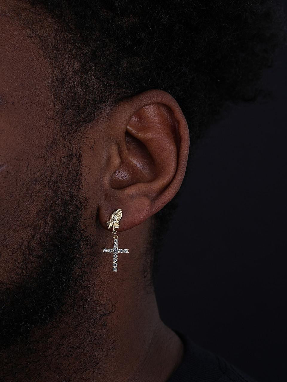 HarlemBling Praying Hands Dangling Cross Iced Out Earrings - 14k Gold Vermeil 925 Silver - CZ Stones