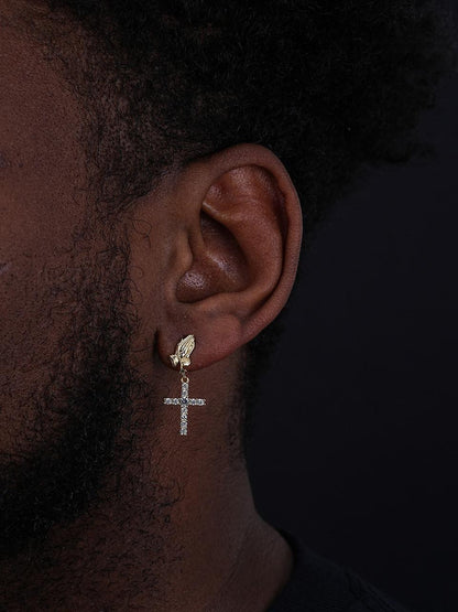 HarlemBling Praying Hands Dangling Cross Iced Out Earrings - 14k Gold Vermeil 925 Silver - CZ Stones