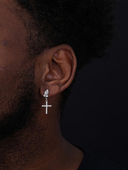 HarlemBling Praying Hands Dangling Cross Iced Out Earrings - 925 Silver - CZ Stones