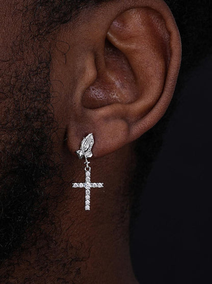HarlemBling Praying Hands Dangling Cross Iced Out Earrings - 925 Silver - CZ Stones