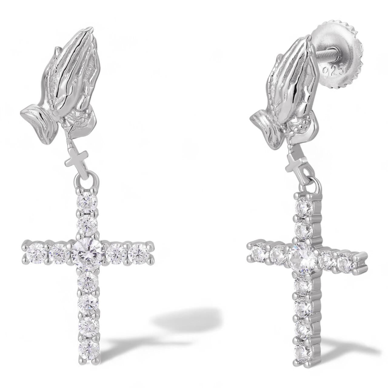 HarlemBling Praying Hands Dangling Cross Iced Out Earrings - 925 Silver - CZ Stones