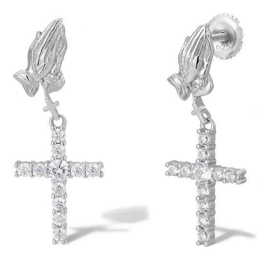 HarlemBling Praying Hands Dangling Cross Iced Out Earrings - 925 Silver - CZ Stones