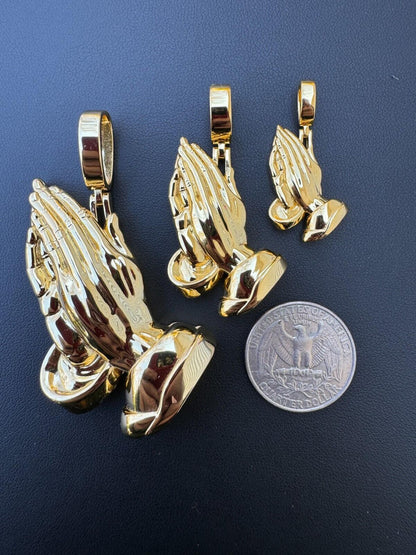 HarlemBling Praying Hands Religious Pendant Plain 14k Gold Over 925 Sterling Silver Necklace