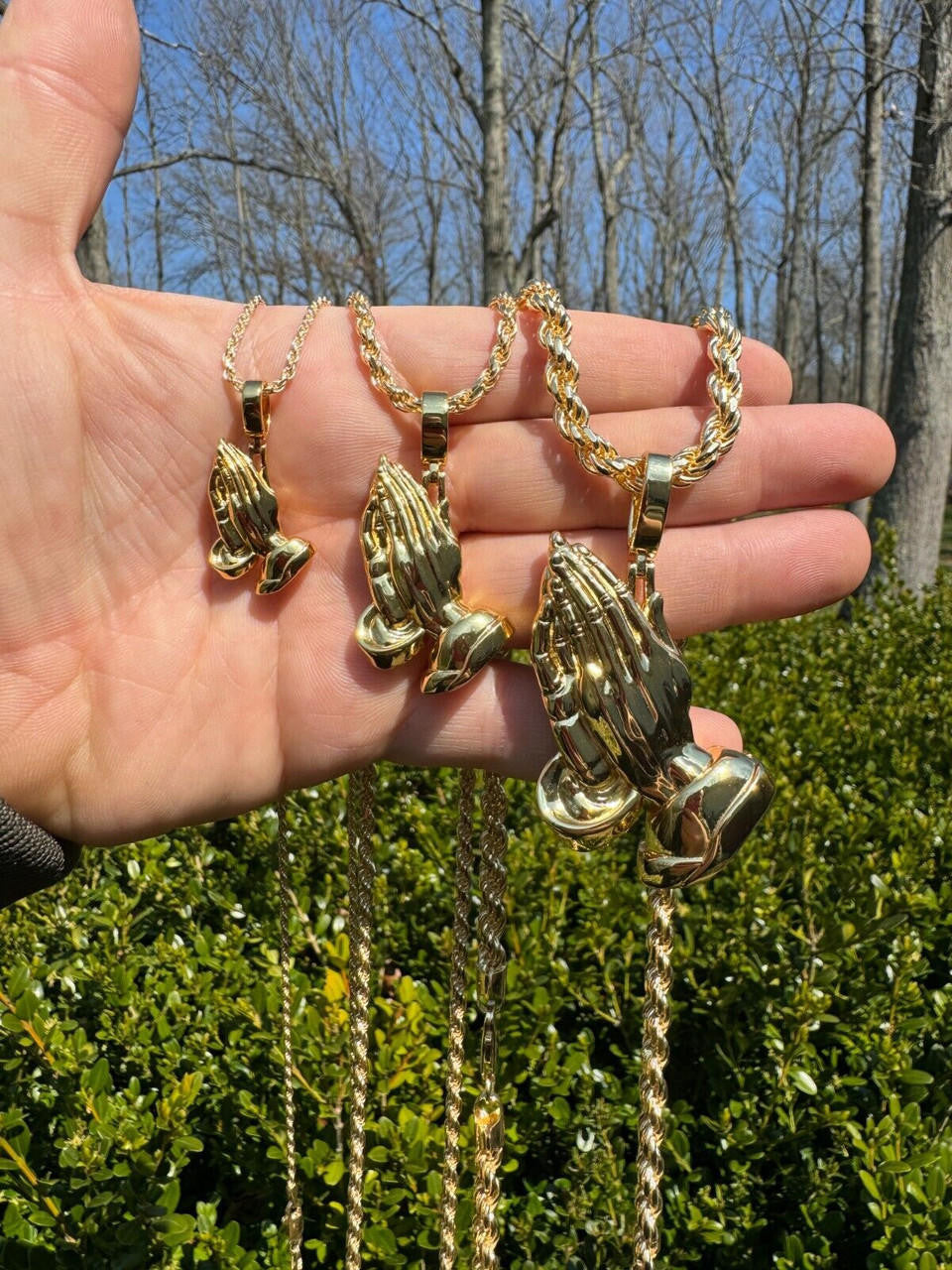 HarlemBling Praying Hands Religious Pendant Plain 14k Gold Over 925 Sterling Silver Necklace