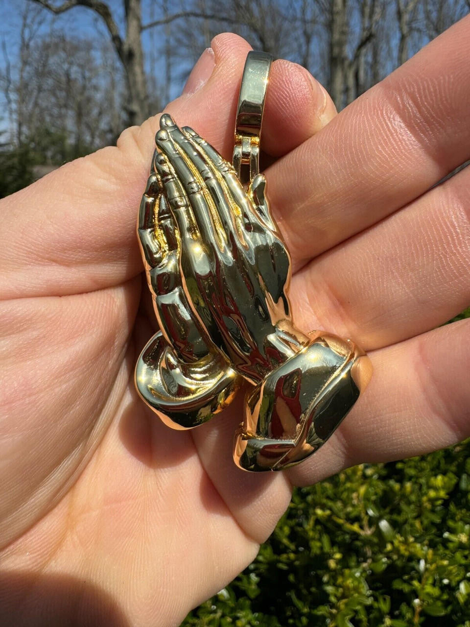 HarlemBling Praying Hands Religious Pendant Plain 14k Gold Over 925 Sterling Silver Necklace