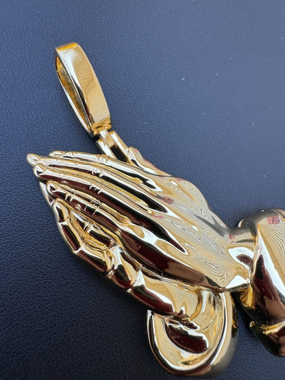 HarlemBling Praying Hands Religious Pendant Plain 14k Gold Over 925 Sterling Silver Necklace