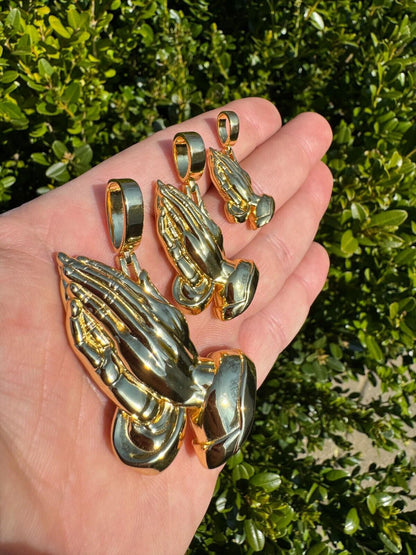HarlemBling Praying Hands Religious Pendant Plain 14k Gold Over 925 Sterling Silver Necklace