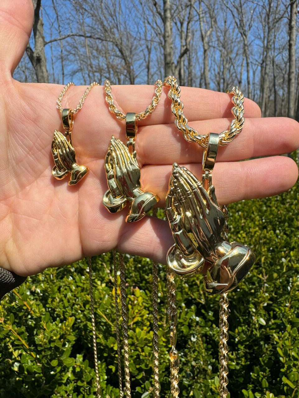 HarlemBling Praying Hands Religious Pendant Plain 14k Gold Over 925 Sterling Silver Necklace