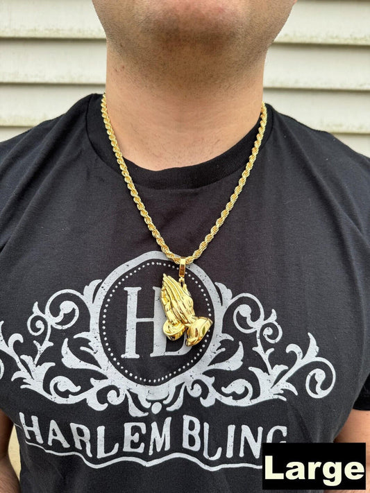 HarlemBling Praying Hands Religious Pendant Plain 14k Gold Over 925 Sterling Silver Necklace