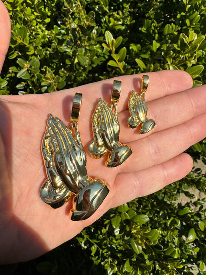 HarlemBling Praying Hands Religious Pendant Plain 14k Gold Over 925 Sterling Silver Necklace