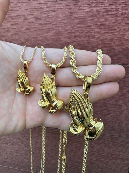 HarlemBling Praying Hands Religious Pendant Plain 14k Gold Over 925 Sterling Silver Necklace