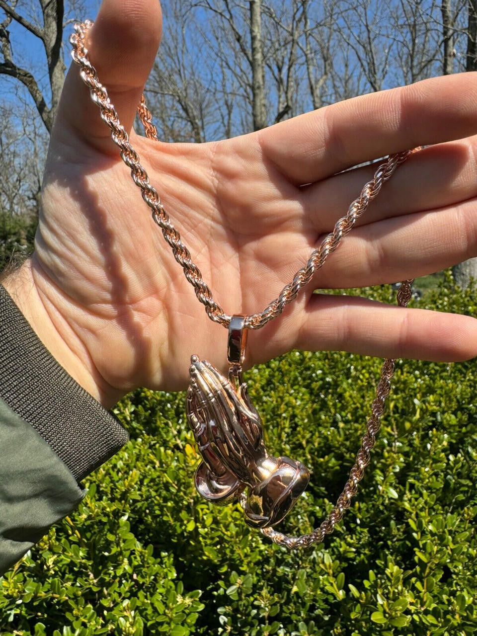 HarlemBling Praying Hands Religious Pendant Plain 14k Rose Gold 925 Sterling Silver Necklace