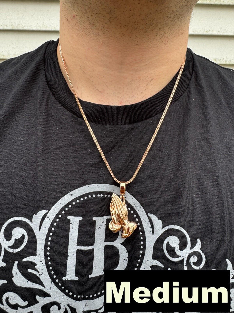 HarlemBling Praying Hands Religious Pendant Plain 14k Rose Gold 925 Sterling Silver Necklace