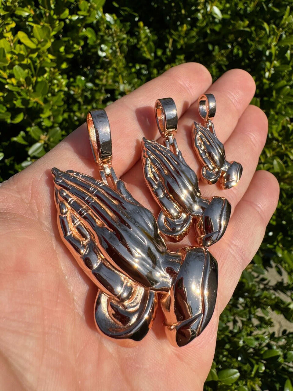 HarlemBling Praying Hands Religious Pendant Plain 14k Rose Gold 925 Sterling Silver Necklace