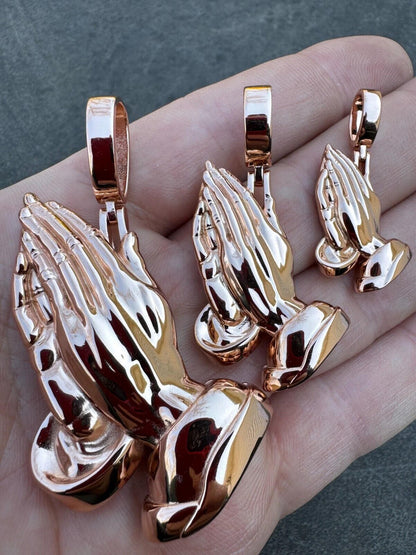 HarlemBling Praying Hands Religious Pendant Plain 14k Rose Gold 925 Sterling Silver Necklace