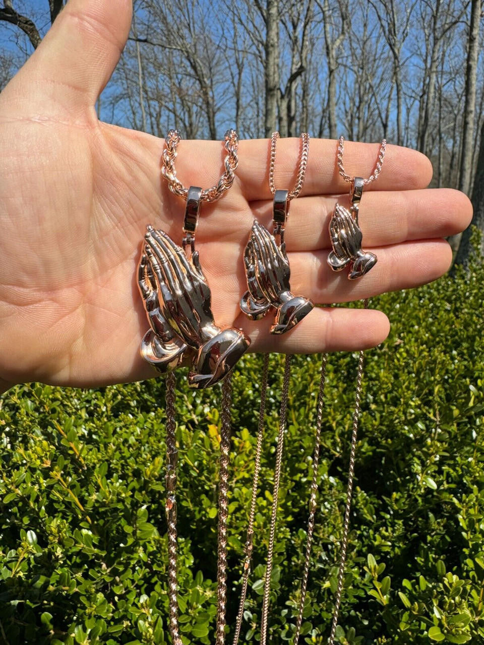 HarlemBling Praying Hands Religious Pendant Plain 14k Rose Gold 925 Sterling Silver Necklace