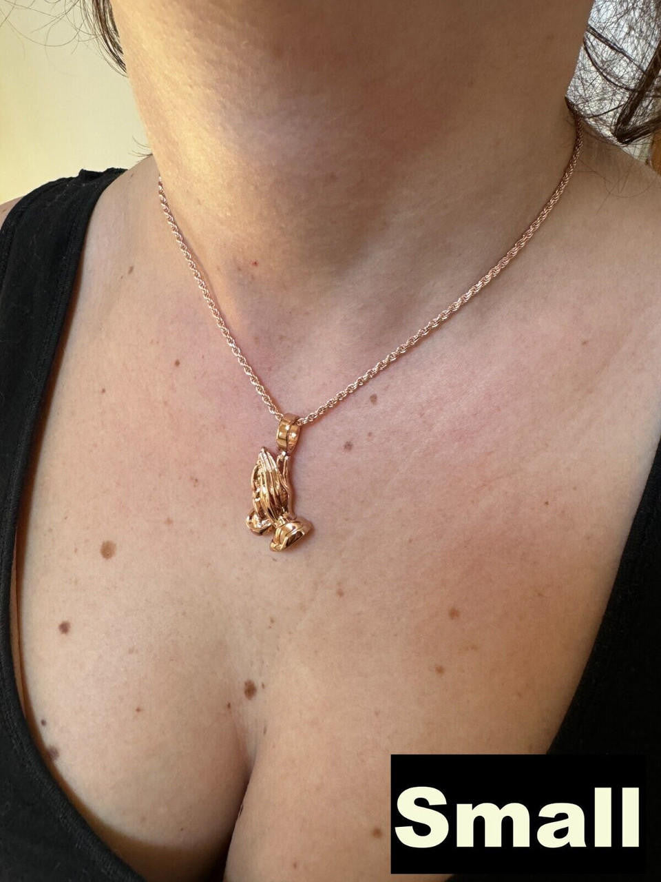 HarlemBling Praying Hands Religious Pendant Plain 14k Rose Gold 925 Sterling Silver Necklace