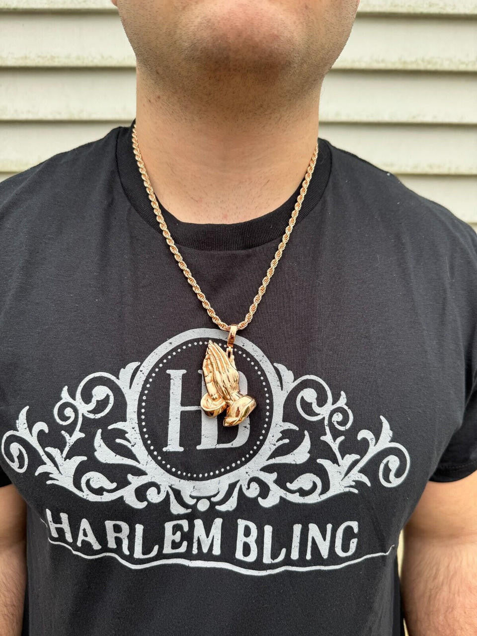 HarlemBling Praying Hands Religious Pendant Plain 14k Rose Gold 925 Sterling Silver Necklace