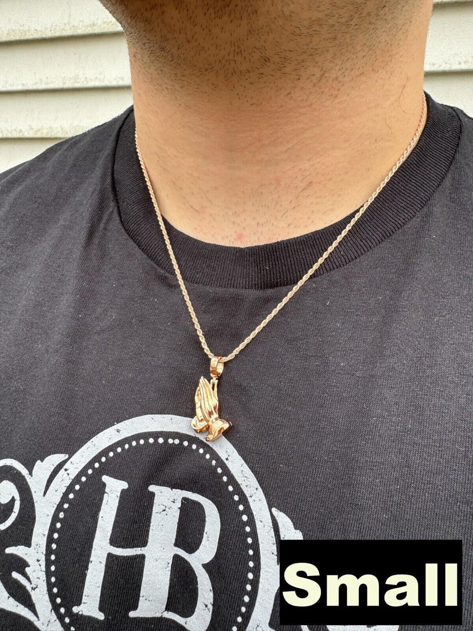 HarlemBling Praying Hands Religious Pendant Plain 14k Rose Gold 925 Sterling Silver Necklace