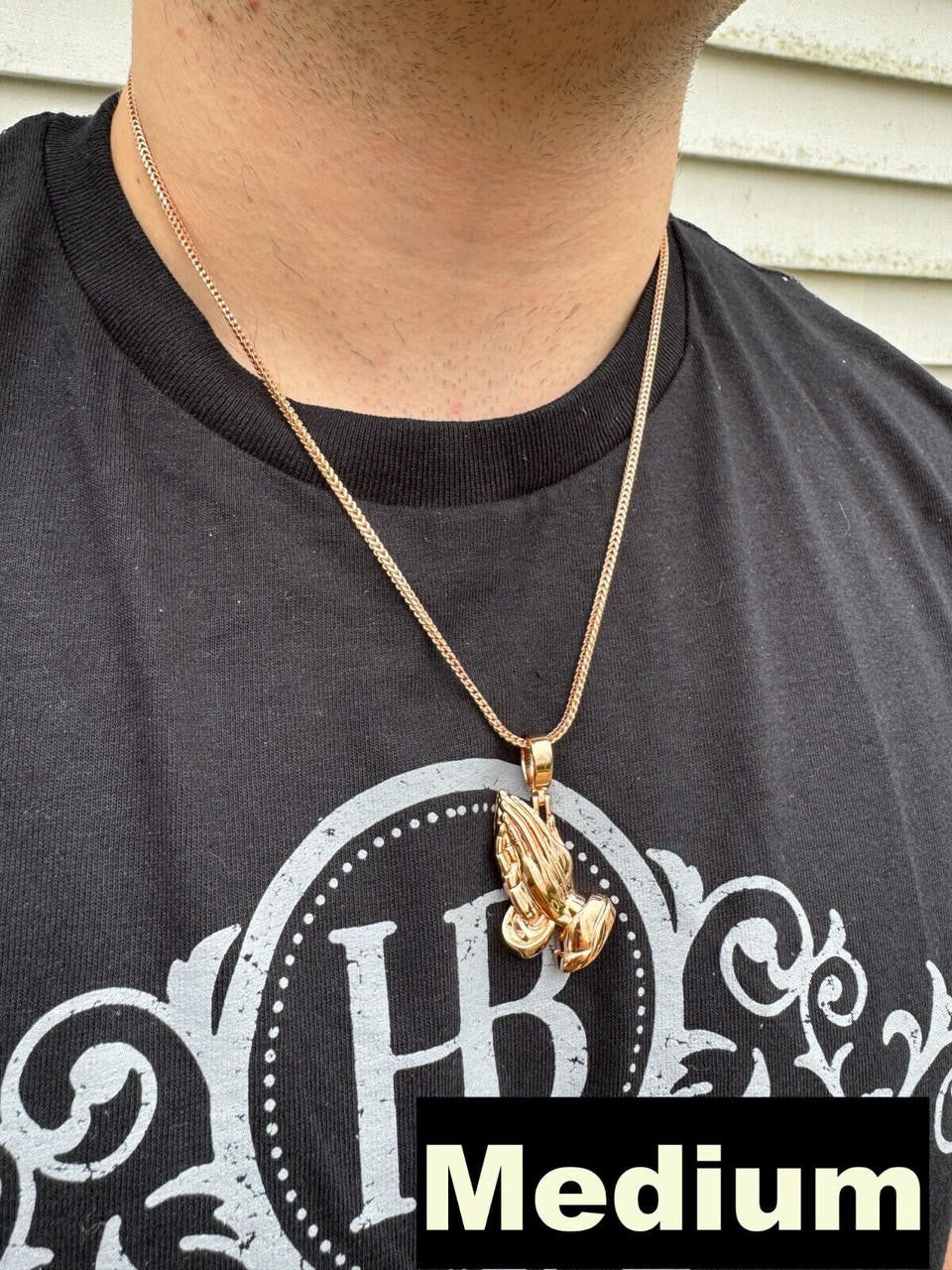 HarlemBling Praying Hands Religious Pendant Plain 14k Rose Gold 925 Sterling Silver Necklace