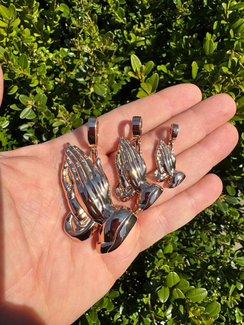 HarlemBling Praying Hands Religious Pendant Plain 14k Rose Gold 925 Sterling Silver Necklace