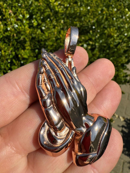 HarlemBling Praying Hands Religious Pendant Plain 14k Rose Gold 925 Sterling Silver Necklace