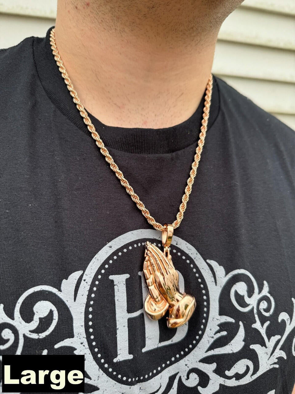 HarlemBling Praying Hands Religious Pendant Plain 14k Rose Gold 925 Sterling Silver Necklace
