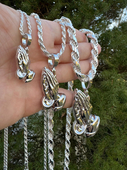 HarlemBling Praying Hands Religious Pendant Plain 925 Sterling Silver Necklace - 3 Sizes