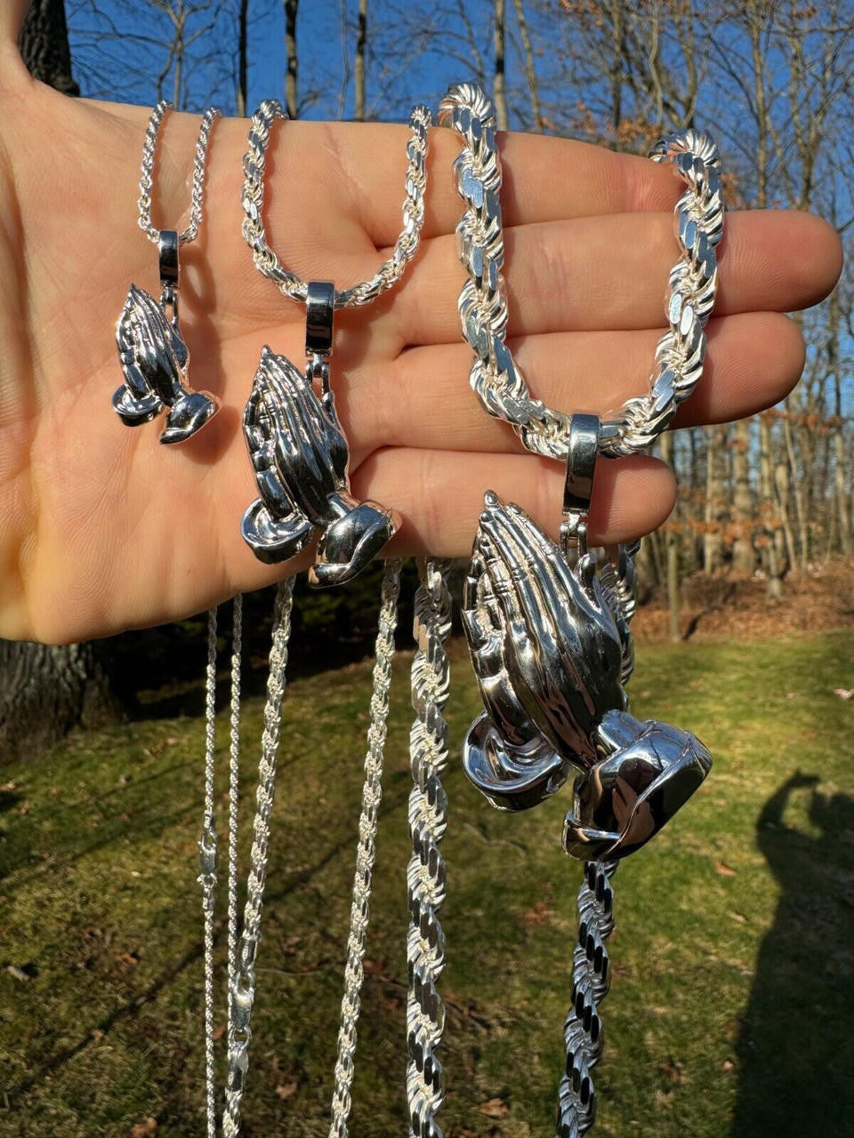 HarlemBling Praying Hands Religious Pendant Plain 925 Sterling Silver Necklace - 3 Sizes